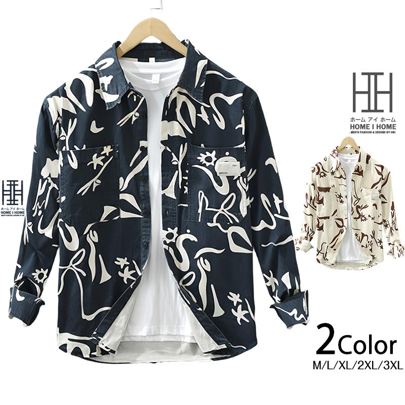 柄シャツ カジュアルシャツ シャツ メンズ 長袖 プリント 総柄 おしゃれ アメカジ 両ポケット付き ワーク 作業着 春 春服 シャツジャケット トップス | ホームアイホーム