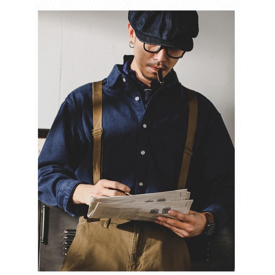 ワークシャツ メンズ 長袖 レトロ 英文字刺繍入り 無地 ポケット付き シャツジャケット 丈夫 ライトアウター 春 秋 カジュアルシャツ | ホームアイホーム | 14