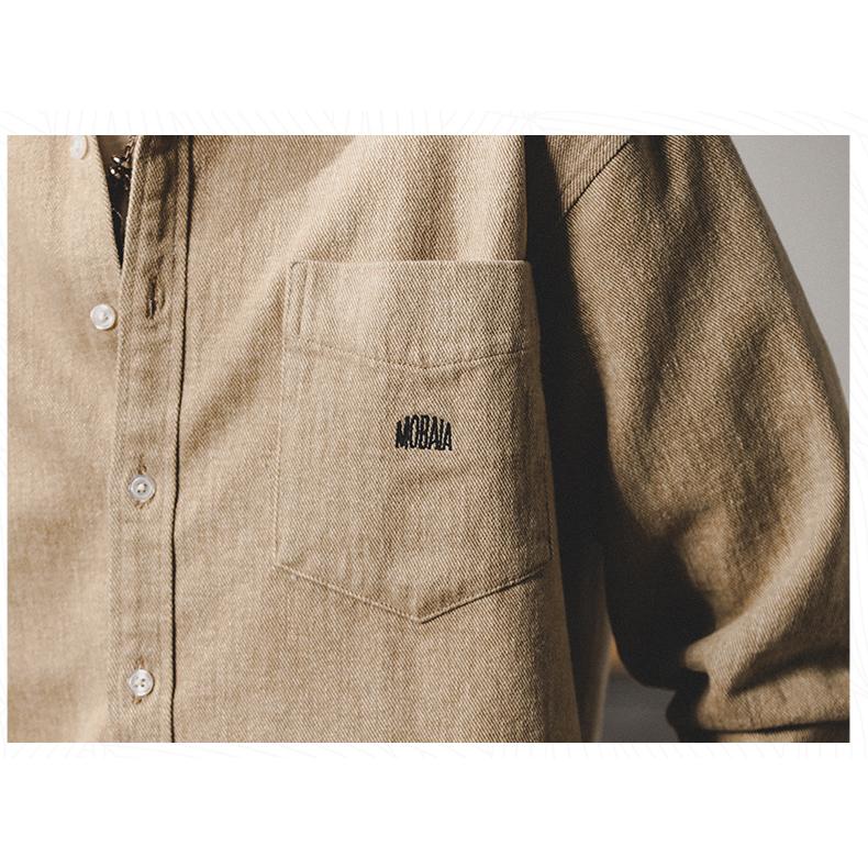 ワークシャツ メンズ 長袖 レトロ 英文字刺繍入り 無地 ポケット付き シャツジャケット 丈夫 ライトアウター 春 秋 カジュアルシャツ | ホームアイホーム | 22