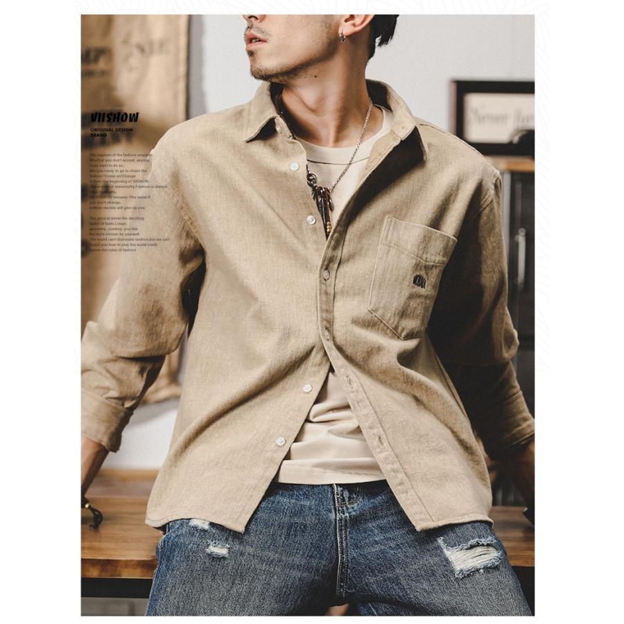 ワークシャツ メンズ 長袖 レトロ 英文字刺繍入り 無地 ポケット付き シャツジャケット 丈夫 ライトアウター 春 秋 カジュアルシャツ | ホームアイホーム | 07