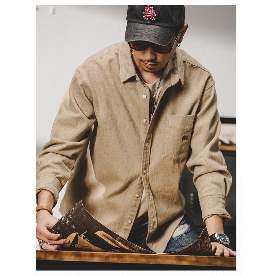 ワークシャツ メンズ 長袖 レトロ 英文字刺繍入り 無地 ポケット付き シャツジャケット 丈夫 ライトアウター 春 秋 カジュアルシャツ | ホームアイホーム | 08