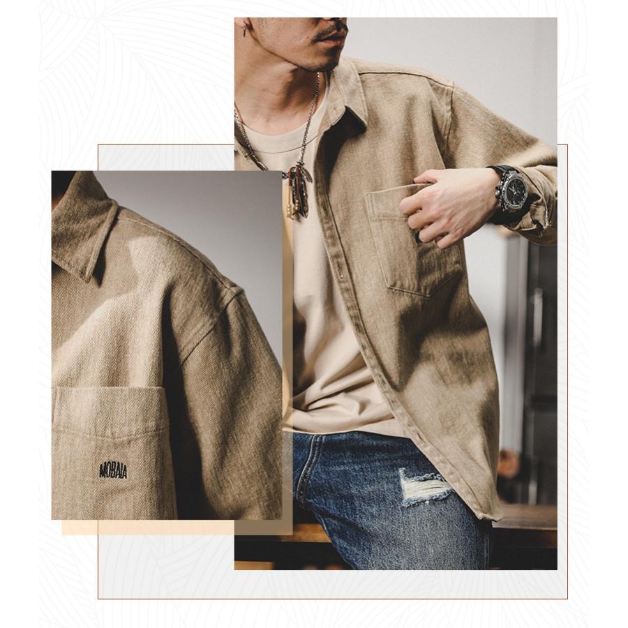 ワークシャツ メンズ 長袖 レトロ 英文字刺繍入り 無地 ポケット付き シャツジャケット 丈夫 ライトアウター 春 秋 カジュアルシャツ | ホームアイホーム | 09