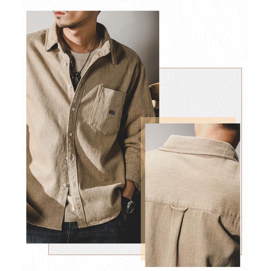 ワークシャツ メンズ 長袖 レトロ 英文字刺繍入り 無地 ポケット付き シャツジャケット 丈夫 ライトアウター 春 秋 カジュアルシャツ | ホームアイホーム | 10