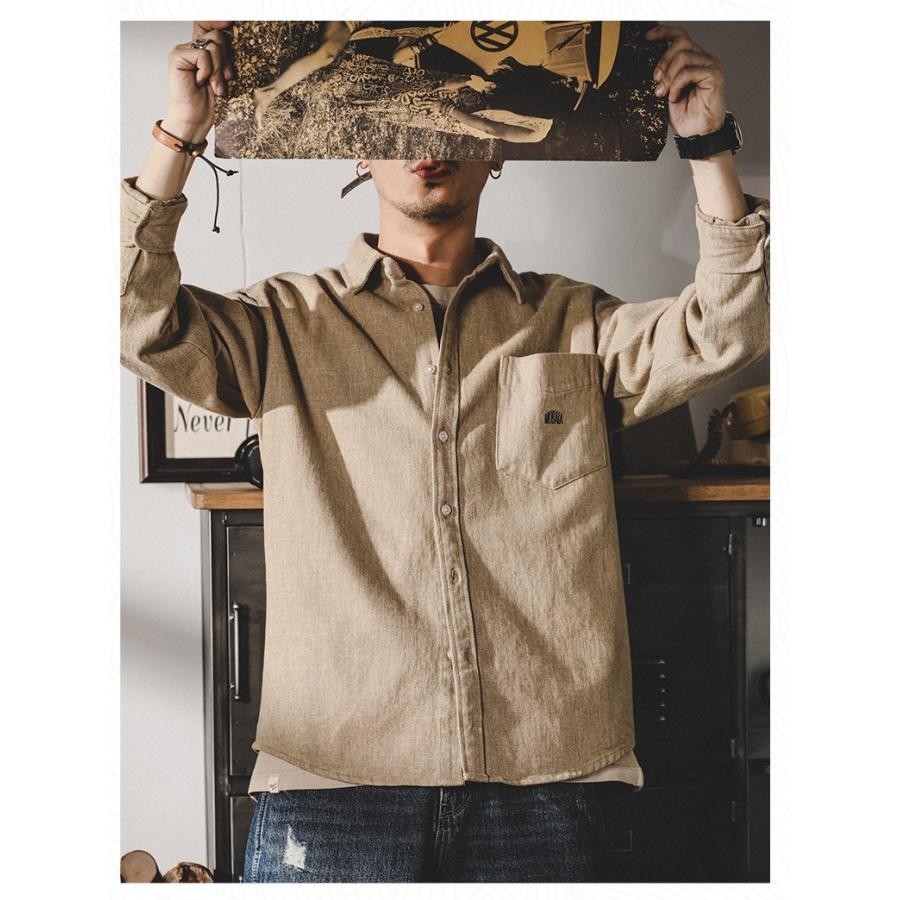 ワークシャツ メンズ 長袖 レトロ 英文字刺繍入り 無地 ポケット付き シャツジャケット 丈夫 ライトアウター 春 秋 カジュアルシャツ | ホームアイホーム | 11