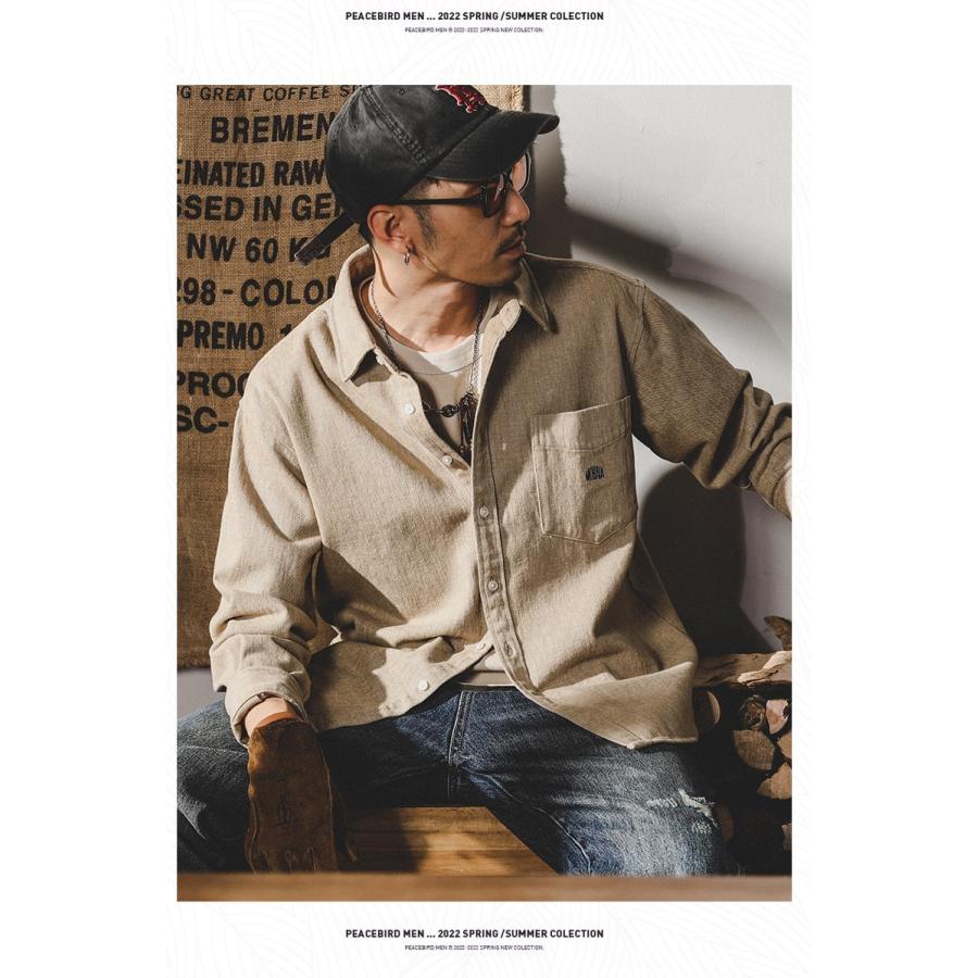 ワークシャツ メンズ 長袖 レトロ 英文字刺繍入り 無地 ポケット付き シャツジャケット 丈夫 ライトアウター 春 秋 カジュアルシャツ | ホームアイホーム | 12