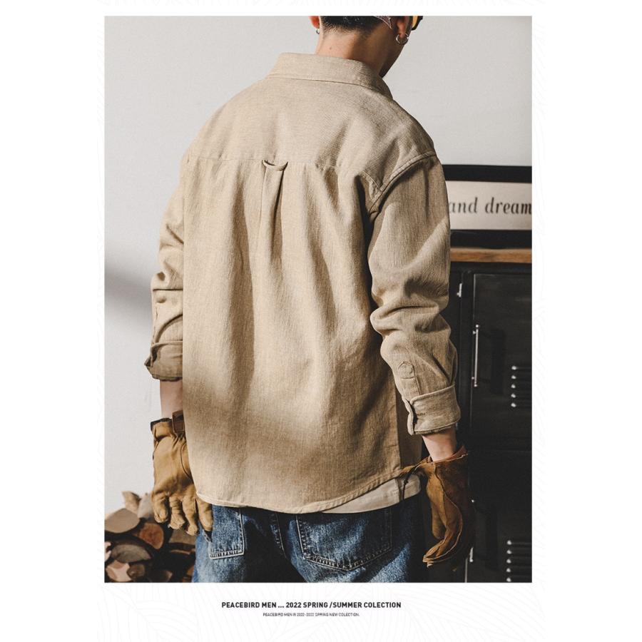 ワークシャツ メンズ 長袖 レトロ 英文字刺繍入り 無地 ポケット付き シャツジャケット 丈夫 ライトアウター 春 秋 カジュアルシャツ | ホームアイホーム | 13