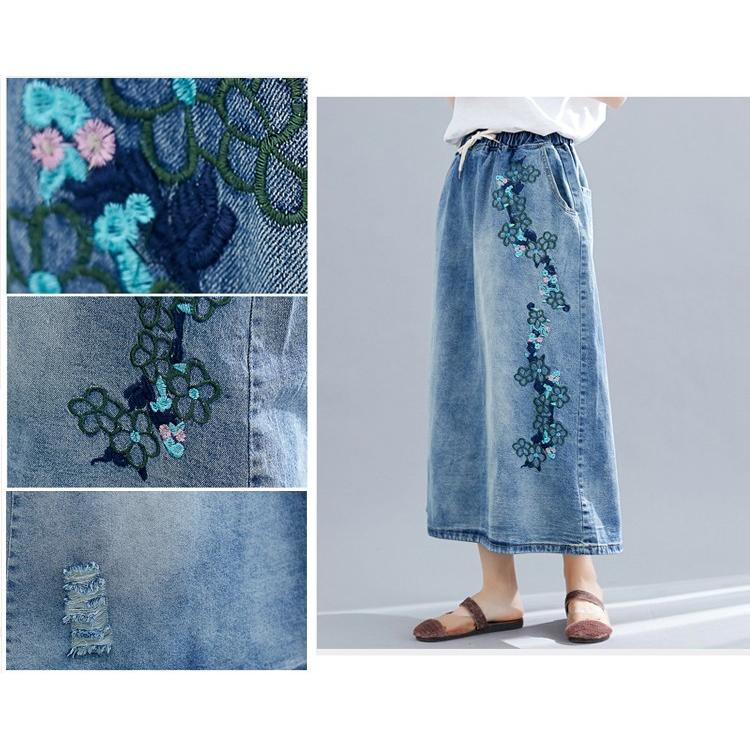 ホームアイホーム デニムスカート レディース 花柄 刺繍入り ホームアイホーム デニムスカート レディース 花柄 刺繍入り