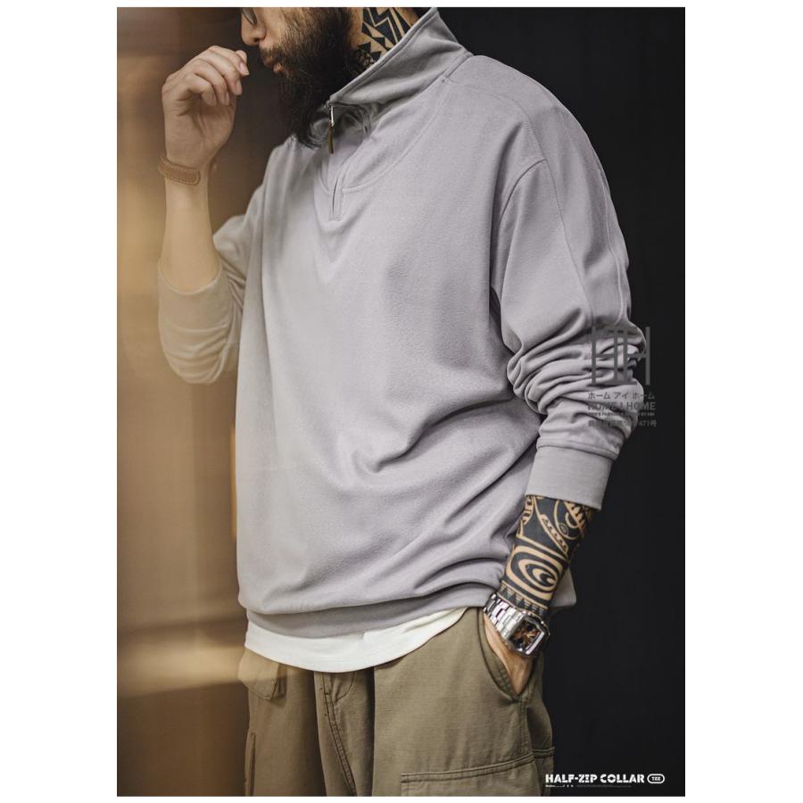 トレーナー メンズ おしゃれ ハーフジップ フリース 長袖 tシャツ ロンt オーバーサイズ ビッグシルエット プルオーバー 起毛感 大きいサイズ 春 秋 冬_10