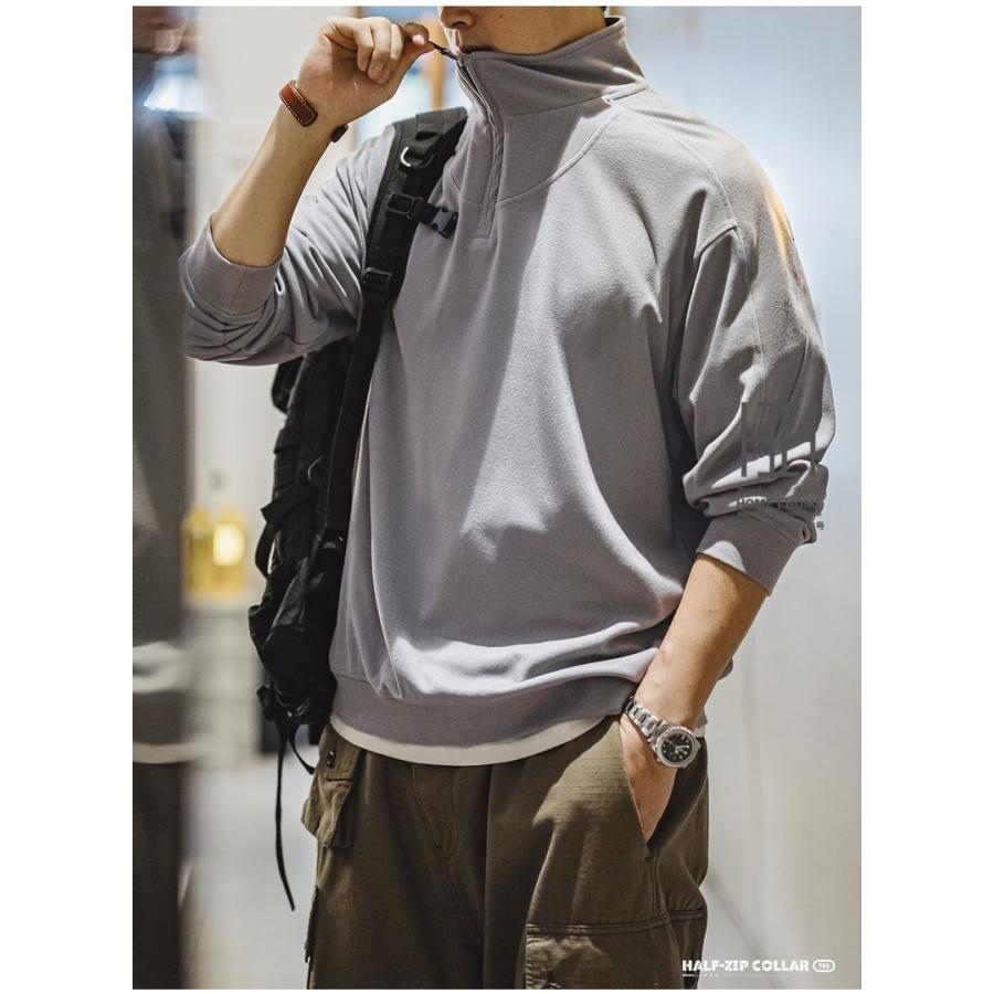 トレーナー メンズ おしゃれ ハーフジップ フリース 長袖 tシャツ ロンt オーバーサイズ ビッグシルエット プルオーバー 起毛感 大きいサイズ 春 秋 冬_14