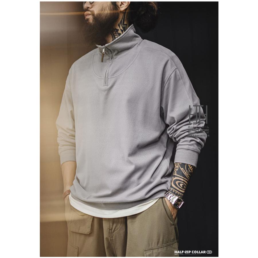 トレーナー メンズ おしゃれ ハーフジップ フリース 長袖 tシャツ ロンt オーバーサイズ ビッグシルエット プルオーバー 起毛感 大きいサイズ 春 秋 冬_9