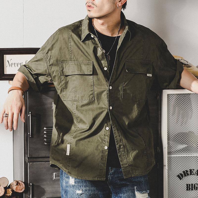 ミリタリーシャツ　ワイシャツ バックプリントミリタリーシャツ メンズ(M オリーブ): トップス｜Right