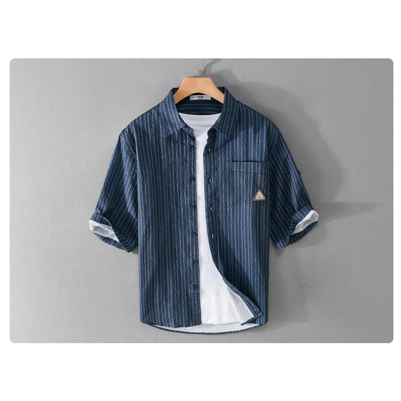 メンズ 五分袖シャツ ロールアップ可能 ストライプ ポケットあり 立体生地 でこぼこ 風通し良い 羽織り 夏 | ホームアイホーム | 10