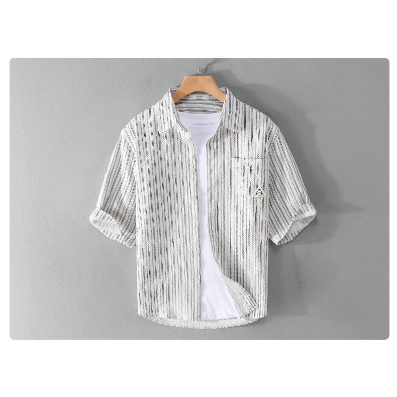 メンズ 五分袖シャツ ロールアップ可能 ストライプ ポケットあり 立体生地 でこぼこ 風通し良い 羽織り 夏 | ホームアイホーム | 11