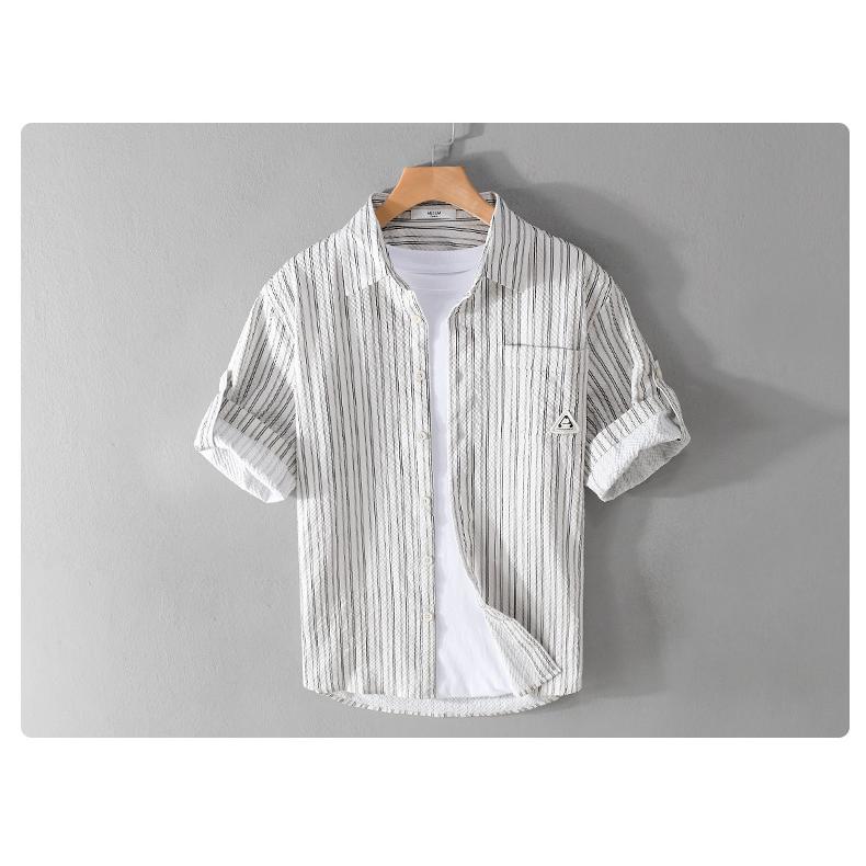 メンズ 五分袖シャツ ロールアップ可能 ストライプ ポケットあり 立体生地 でこぼこ 風通し良い 羽織り 夏 | ホームアイホーム | 12