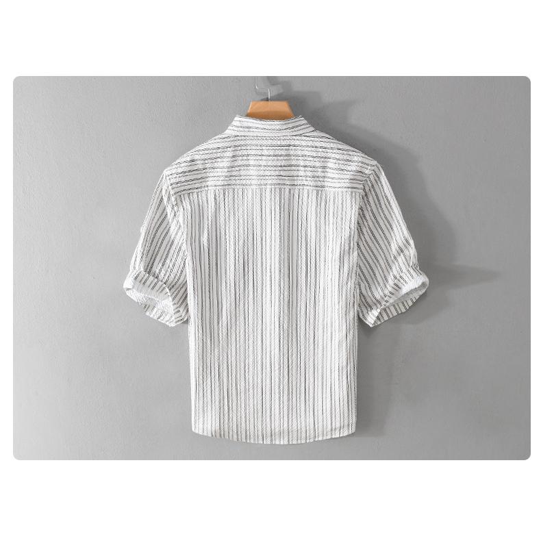 メンズ 五分袖シャツ ロールアップ可能 ストライプ ポケットあり 立体生地 でこぼこ 風通し良い 羽織り 夏 | ホームアイホーム | 13