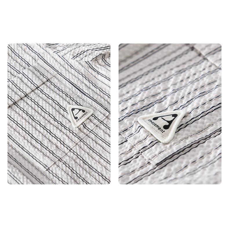 メンズ 五分袖シャツ ロールアップ可能 ストライプ ポケットあり 立体生地 でこぼこ 風通し良い 羽織り 夏 | ホームアイホーム | 15