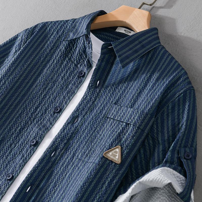 メンズ 五分袖シャツ ロールアップ可能 ストライプ ポケットあり 立体生地 でこぼこ 風通し良い 羽織り 夏 | ホームアイホーム | 18