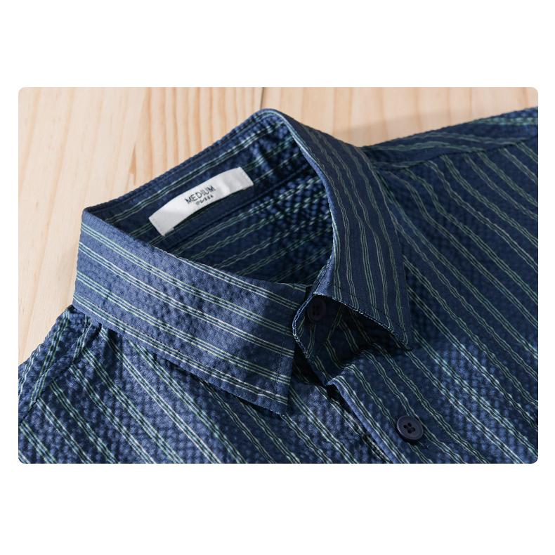 メンズ 五分袖シャツ ロールアップ可能 ストライプ ポケットあり 立体生地 でこぼこ 風通し良い 羽織り 夏 | ホームアイホーム | 19