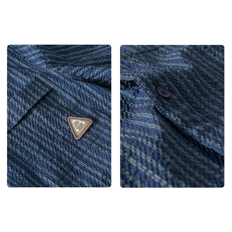 メンズ 五分袖シャツ ロールアップ可能 ストライプ ポケットあり 立体生地 でこぼこ 風通し良い 羽織り 夏 | ホームアイホーム | 20