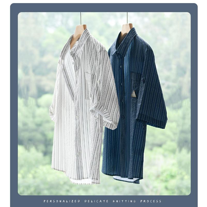 メンズ 五分袖シャツ ロールアップ可能 ストライプ ポケットあり 立体生地 でこぼこ 風通し良い 羽織り 夏 | ホームアイホーム | 03