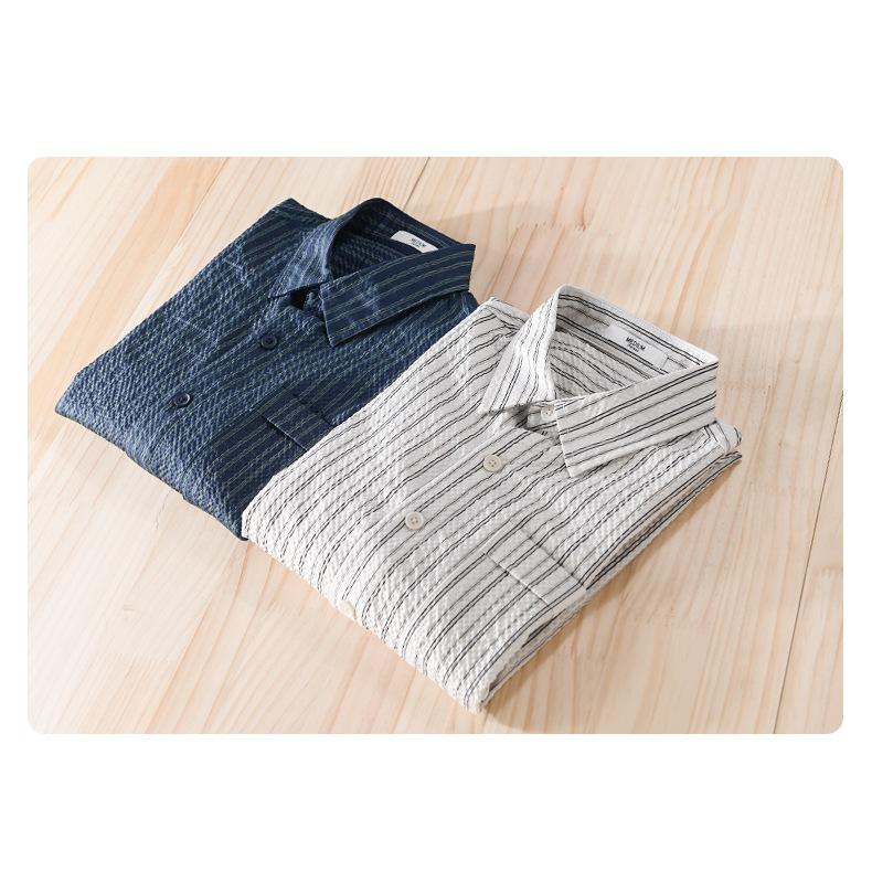 メンズ 五分袖シャツ ロールアップ可能 ストライプ ポケットあり 立体生地 でこぼこ 風通し良い 羽織り 夏 | ホームアイホーム | 04