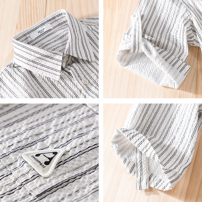 メンズ 五分袖シャツ ロールアップ可能 ストライプ ポケットあり 立体生地 でこぼこ 風通し良い 羽織り 夏 | ホームアイホーム | 05