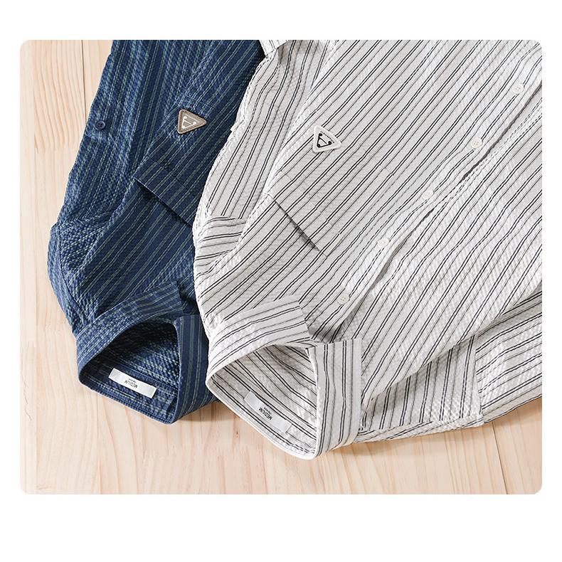 メンズ 五分袖シャツ ロールアップ可能 ストライプ ポケットあり 立体生地 でこぼこ 風通し良い 羽織り 夏 | ホームアイホーム | 07