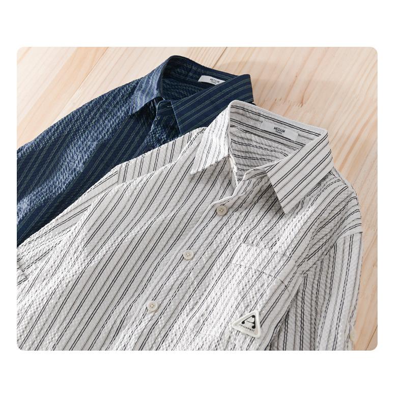 メンズ 五分袖シャツ ロールアップ可能 ストライプ ポケットあり 立体生地 でこぼこ 風通し良い 羽織り 夏 | ホームアイホーム | 08