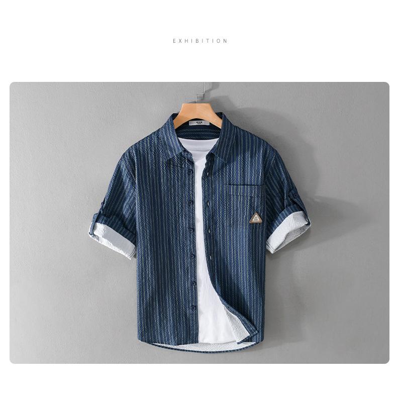 メンズ 五分袖シャツ ロールアップ可能 ストライプ ポケットあり 立体生地 でこぼこ 風通し良い 羽織り 夏 | ホームアイホーム | 09