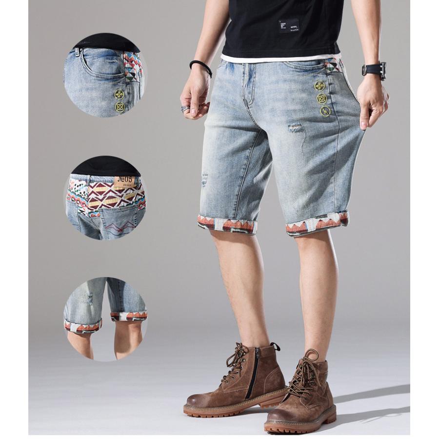 デニム ショートパンツ ハーフパンツ メンズ ストレッチ デザイン 個性 ヴィンテージ 半ズボン 短パン カラフル ダメージ 夏 ホワイト 白 | ホームアイホーム | 05