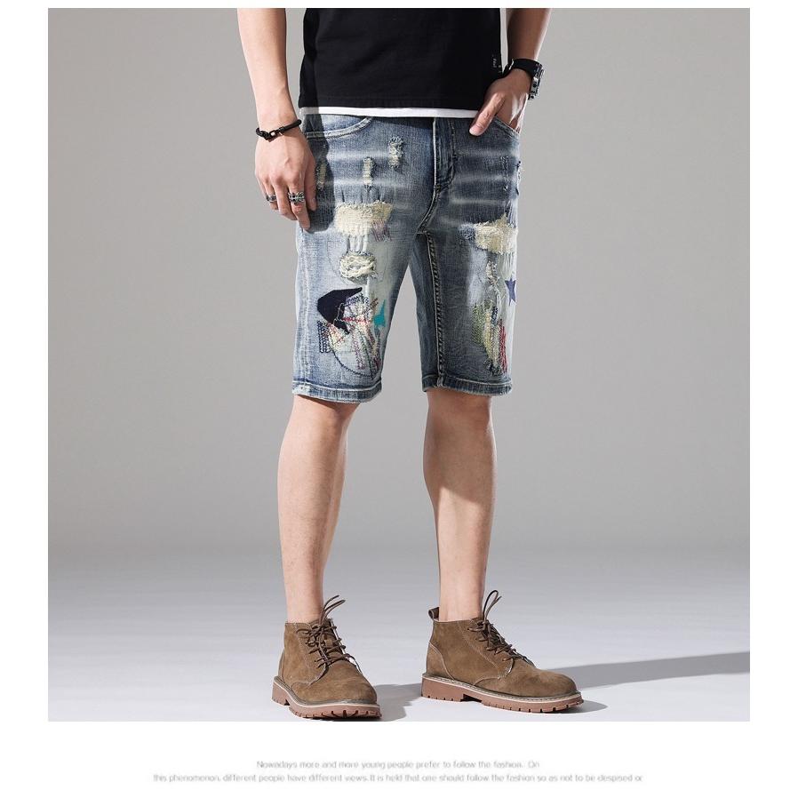 ハーフパンツ 短パン デニム メンズ ストレッチ 個性 デザイン ヴィンテージ ストレッチ カジュアル ダメージ ユーズド加工 ショートパンツ | ホームアイホーム | 04