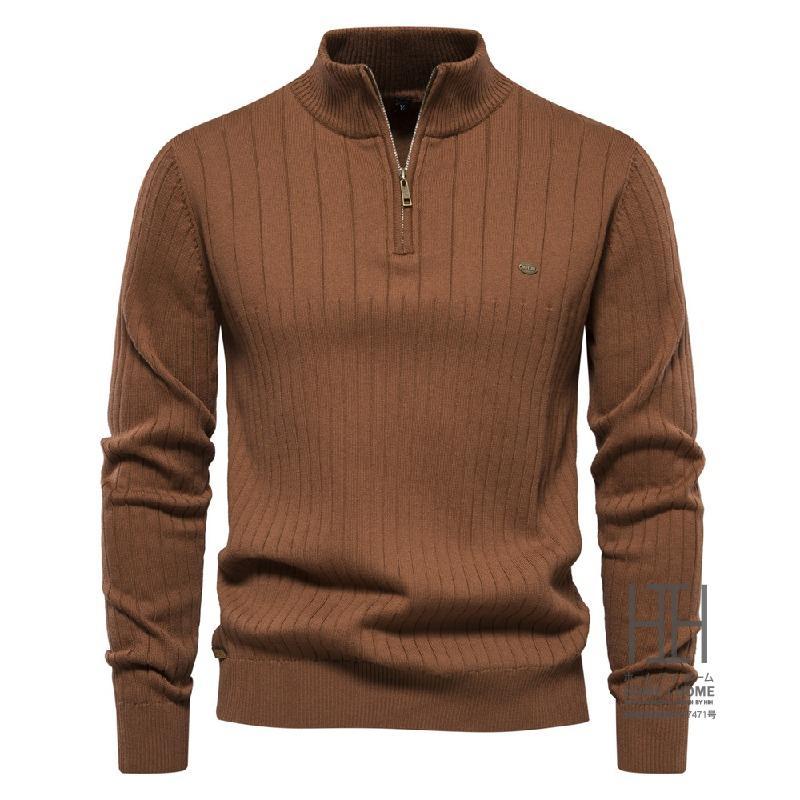 セーター ニット メンズ ハイネック ハーフジップ 綿 黒 コットン