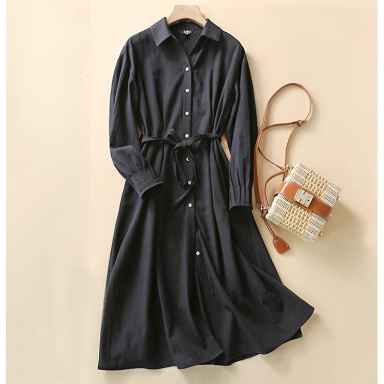 シャツ衿付きの長袖ロング丈 ワンピース 紐ベルト付き リネン コットン