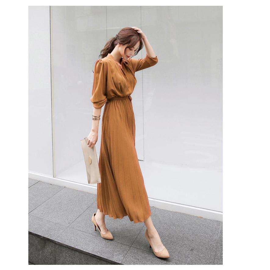 ホームアイホーム プリーツ ワンピース レディース 長袖 マキシ丈