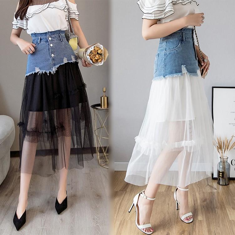 デニムスカート チュールスカート レディース Aライン ミモレ丈 切り替え お洒落 カットオフ 涼しい カジュアル 夏 ダメージ Q8023 Sevenplus 通販 Yahoo ショッピング