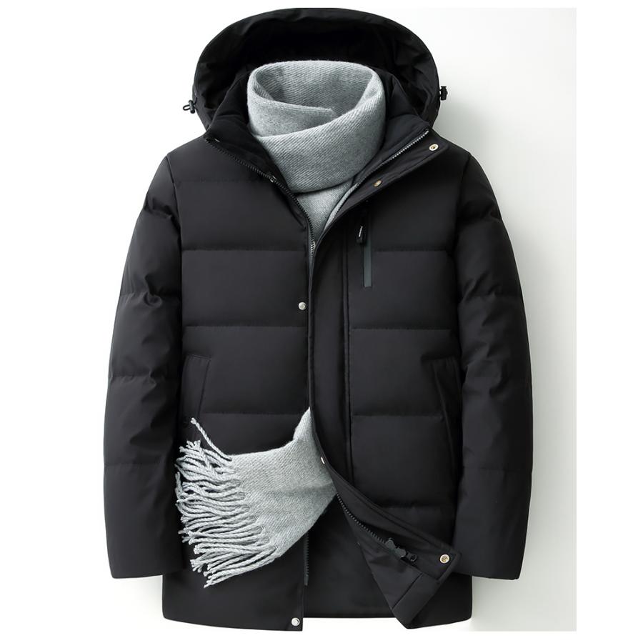 ダウンジャケット メンズ シンプル 無地 90%ダウン 通学 通勤 カジュアル 防寒対策 防風 保温 暖かい アウター ホームアイホーム 脱着可能のフード付きミディアム丈ダウンジャケット