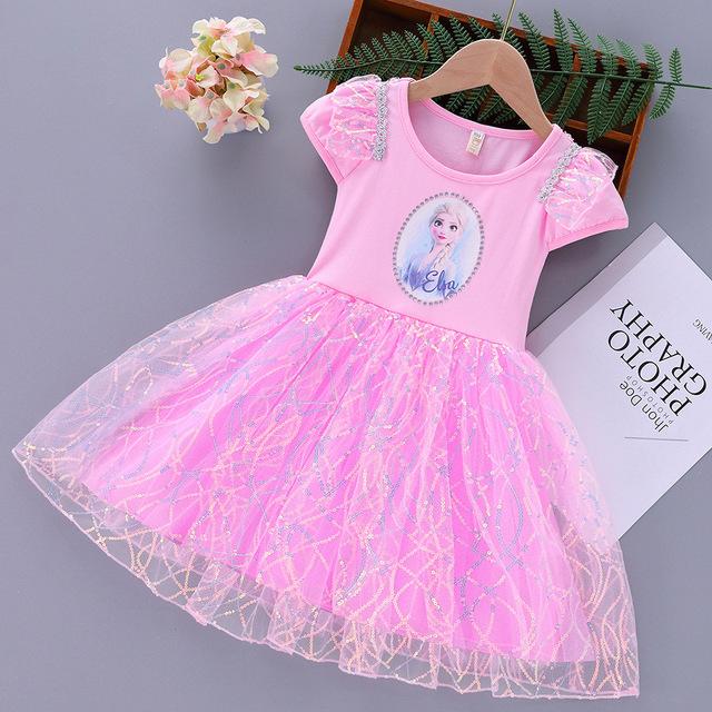 人気の定番 ディズニー アナと雪の女王 エルサ柄ワンピース フレア 半袖 子供服 ピンク ブルー プリンセス ガールズ