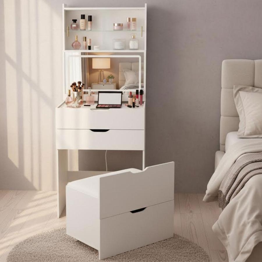 ドレッサー 2WAY天板 無段階調節LED女優ミラー 3色切替 ガラス扉