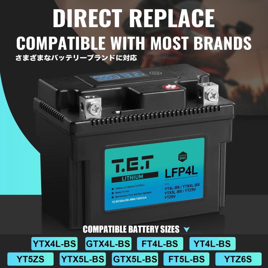 T.E.T LFP4L 超軽量 リチウムイオンバッテリーYT4L-BS YTX4L-BS 互換