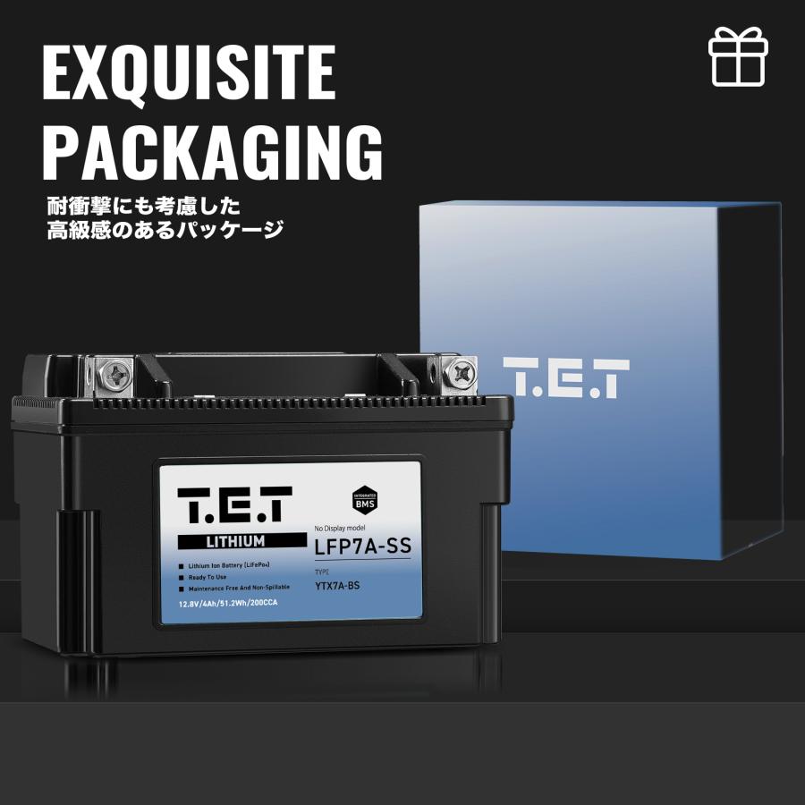 T.E.T LFP7A-SS 超軽量 バイク バッテリー リチウムイオン YTX7A-BS 専用 4Ah 200CCA 51.2Wh BMS電圧計搭載 LiFePO4 バイク用TET 長期保証の画像