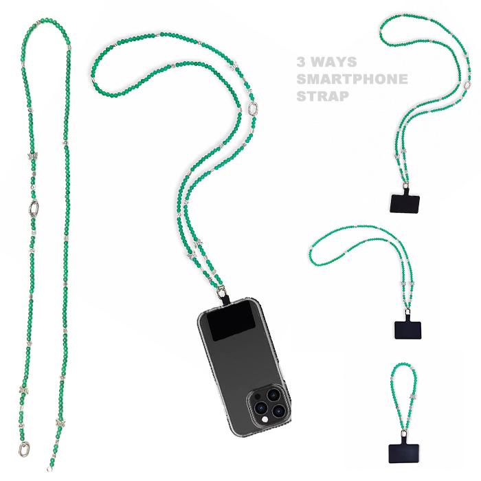 ストラップチェーン カラビナ付き 3way ビーズ 全機種対応 斜め掛け ショルダーストラップ マルチ汎用 グリーン フローラル | 