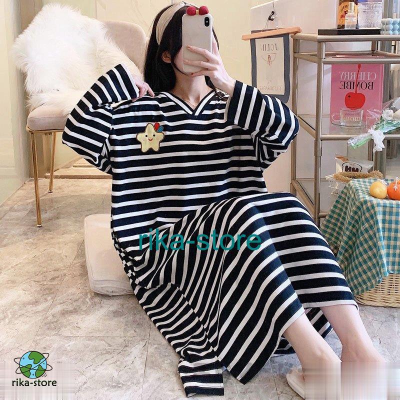 ネグリジェ パジャマ レディース 春夏秋 長袖ワンピース ボーダー柄