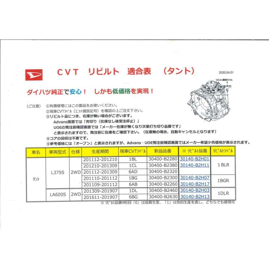 タント　Ｌ３７５Ｓ　ＬＡ６００Ｓ　CVT　リビルト　ダイハツ純正品　有償整備用