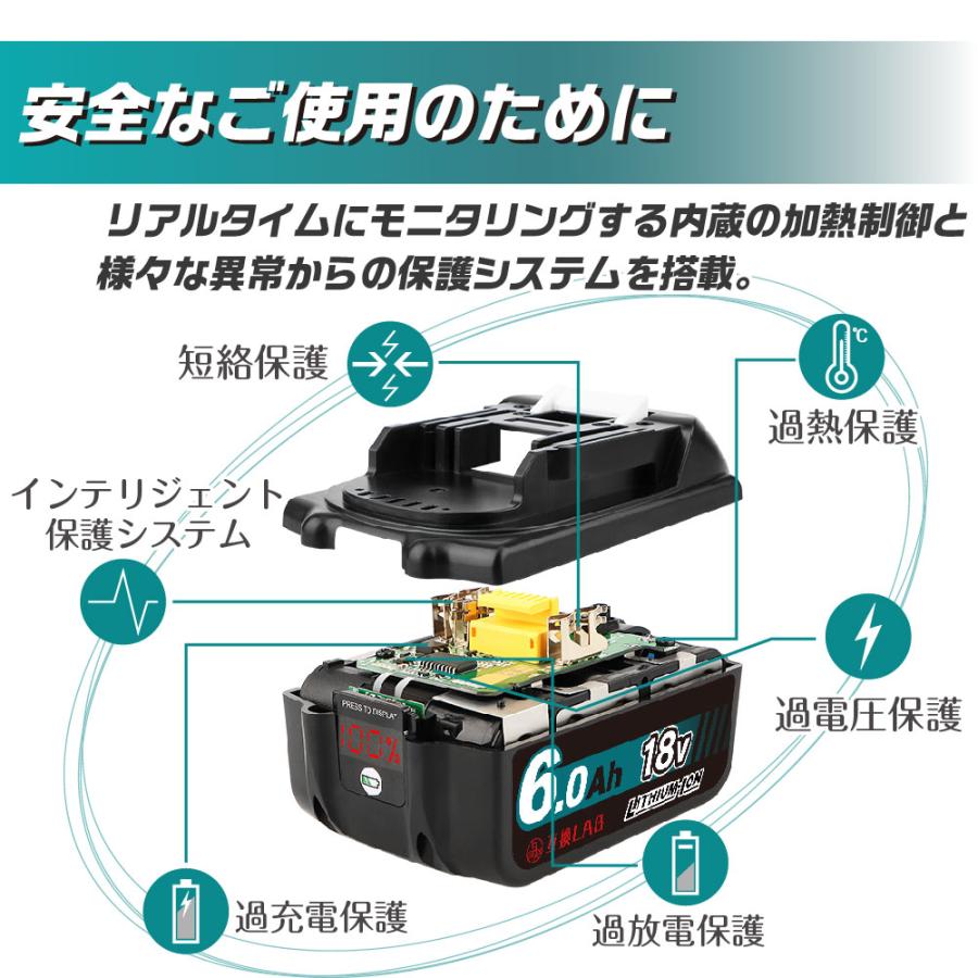 互換ラボ マキタ 互換バッテリー MAKITA 互換 LAB 18V 6Ah 6.0Ah Waitley 掃除機 充電器 インパクト ブロワー 対応 LED デジタル残量表示 自己故障診断 WTL1860｜shade｜08