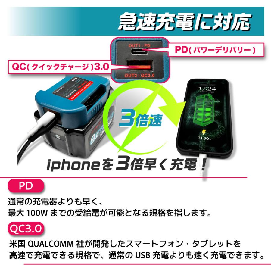 MAKITA バッテリー USB アダプター ベルトホルダー 18V 互換LAB 互換ラボ 互換バッテリー 対応 急速充電 スマホ PC タブレット｜shade｜06