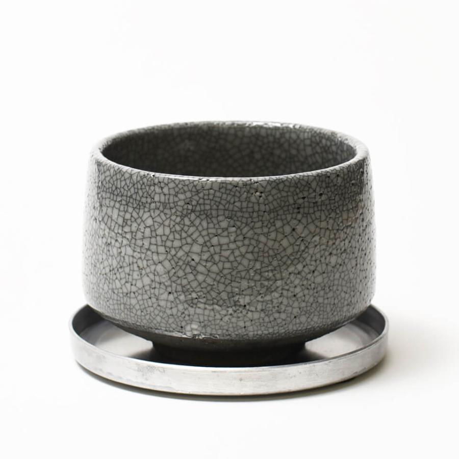 美濃焼 MATCHA-POT【 Crack 】グレー φ12×H8cm 植木鉢 受皿付 4号