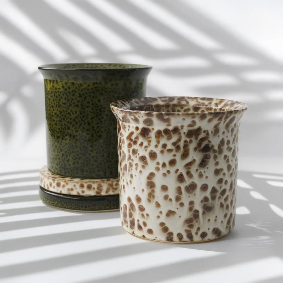 FLECK POT&SAUCER【S】GRREN／φ11.5×H12.5cm 植木鉢 陶磁器 3号 受皿付