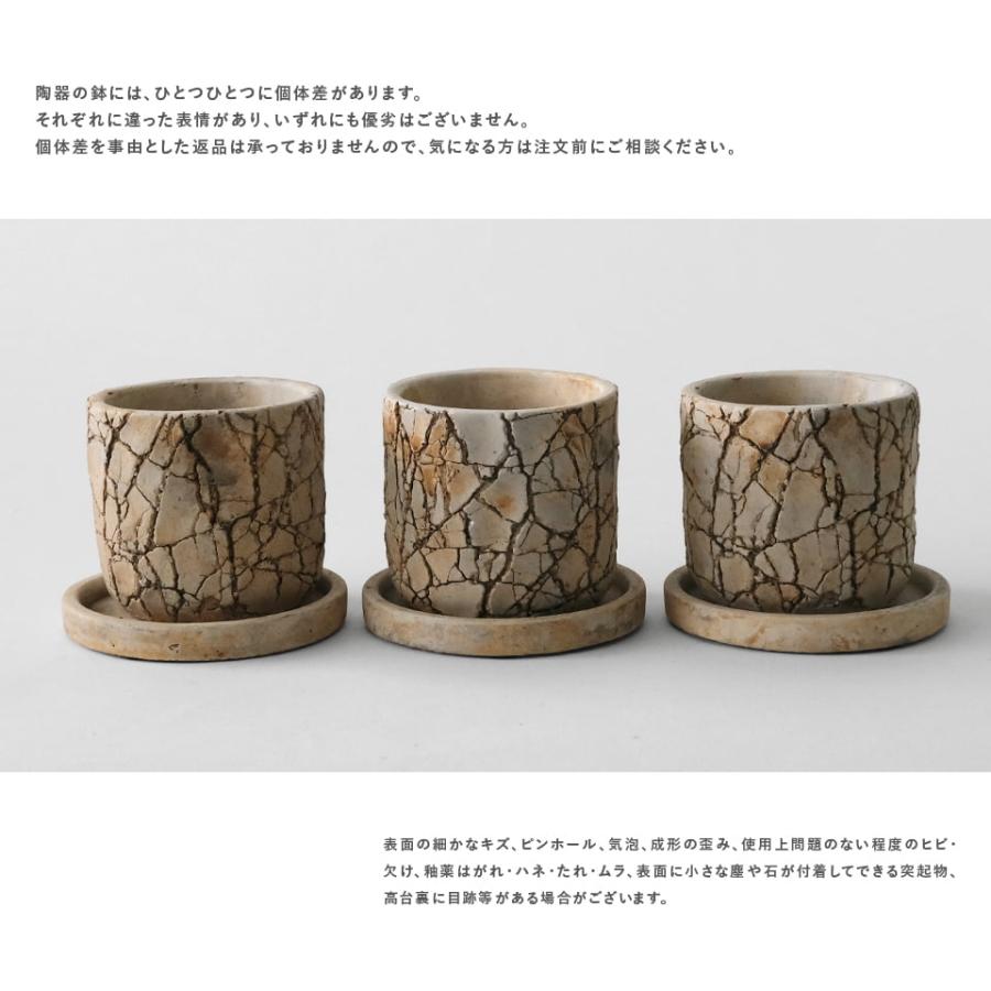 ロッシュポット Φ10cm×H9cm 陶器 植木鉢 3号 受皿付 テクスチャ ヒビ