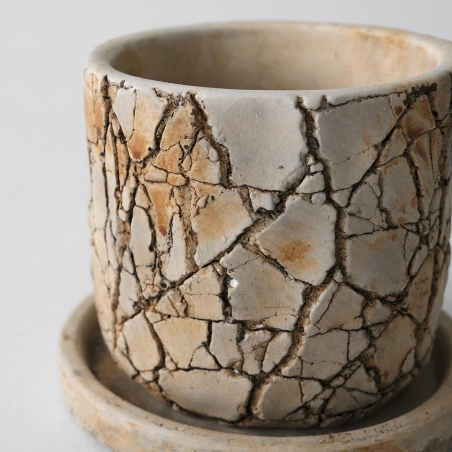 ロッシュポット Φ10cm×H9cm 陶器 植木鉢 3号 受皿付 テクスチャ ヒビ