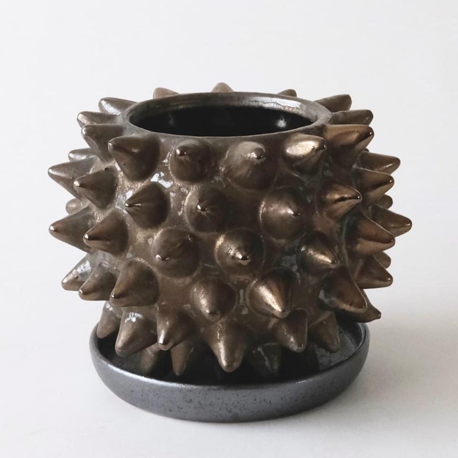ソルトゲ【ブロンズ】 Φ18cm×14cm 植木鉢 受け皿付 5号 陶器 棘 球形